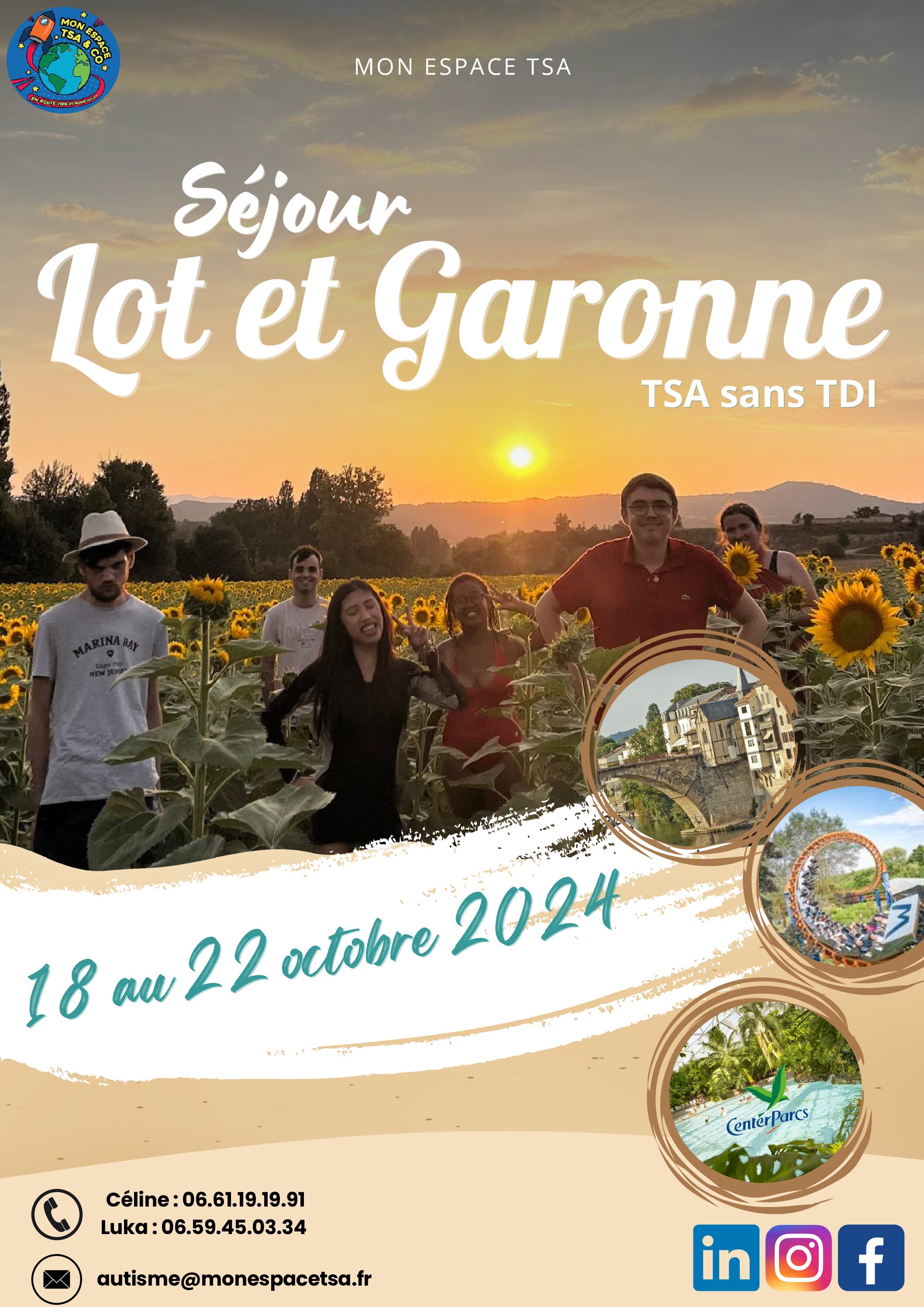 Séjour adapté aux personnes ayant un TND comme le TSA dans le Lot-et -Garonne                 Date: vendredi 18 octobre au mardi 22 octobre                                                                    Prix:1550 euros                                                    Public: Adolescents et adultes autonomes sans TDI